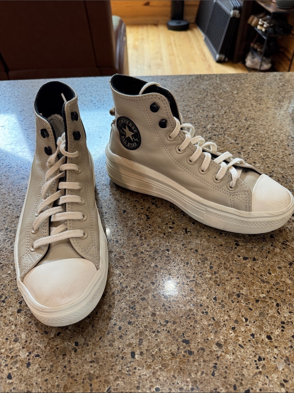 Converse High Top Platform Sneakers in Light Cream with Black Patch - Picture 1 of 4